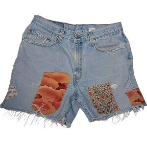 Jean Shorts Womens 33 Distressed Levis 550 Patchwork Upcycled Peach Hippie Boho